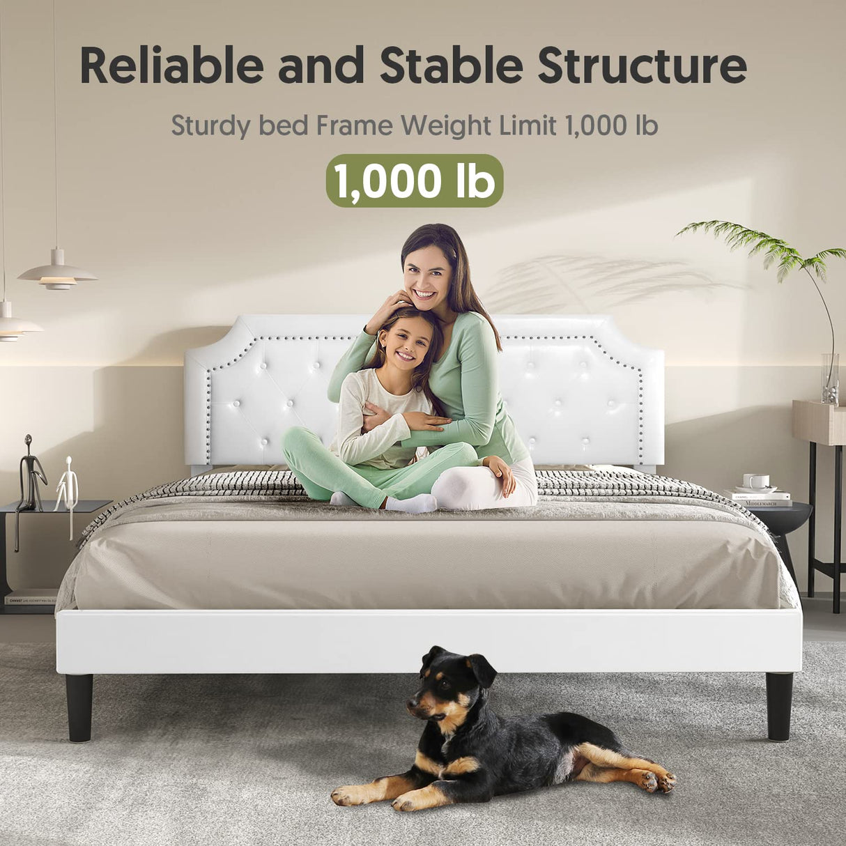 Bed Frame Upholstered Low Profile Platform Bed with Tufted Faux Leather Headboard/No