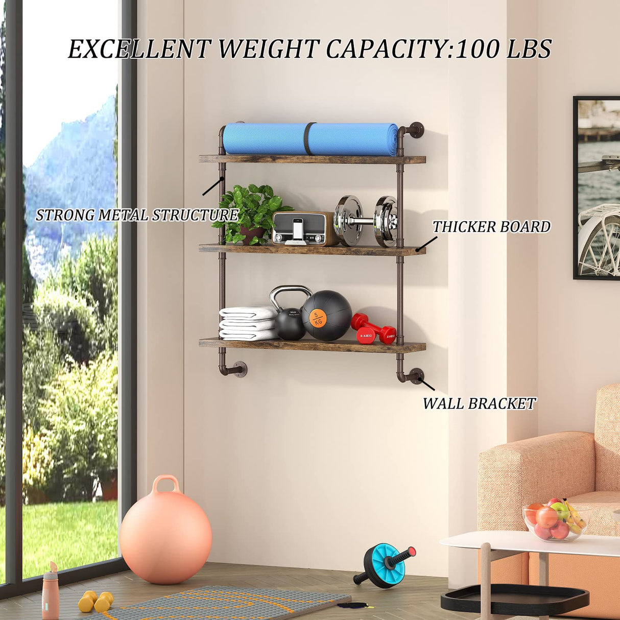 3 Tier Industrial Pipe Shelf Rustic Wood Floating Shelves, Wall Display Bookshelf