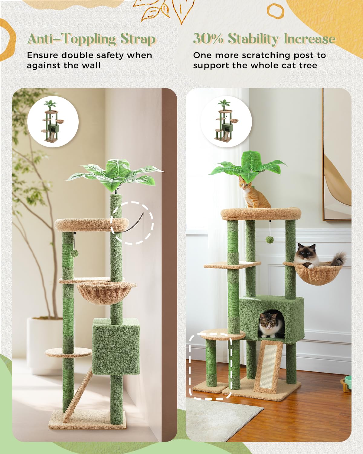 Cactus Cat Tree for Indoor Cats, 53'' Green Cat Tower with Large Cat Condo