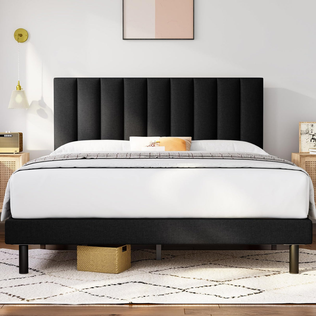 Full Size Bed Frame Upholstered Platform with Headboard and Strong Wooden