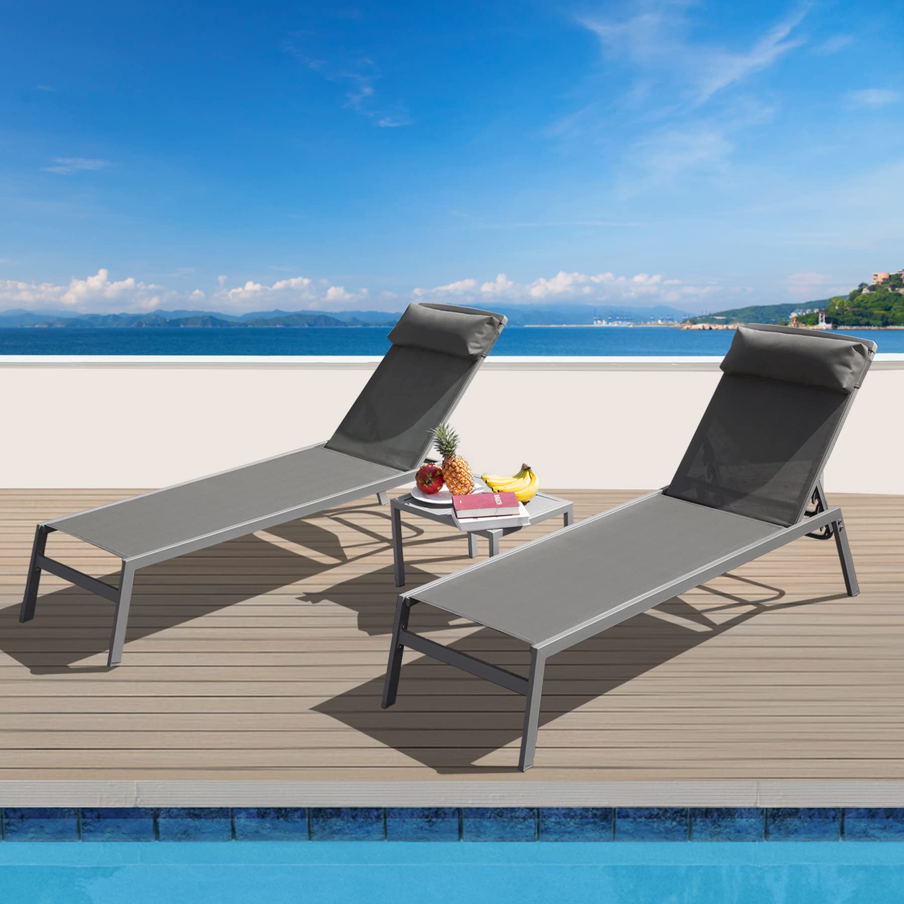Patio Chaise Lounge Set  -3 Pieces Aluminum Adjustable Pool Lounge Chairs