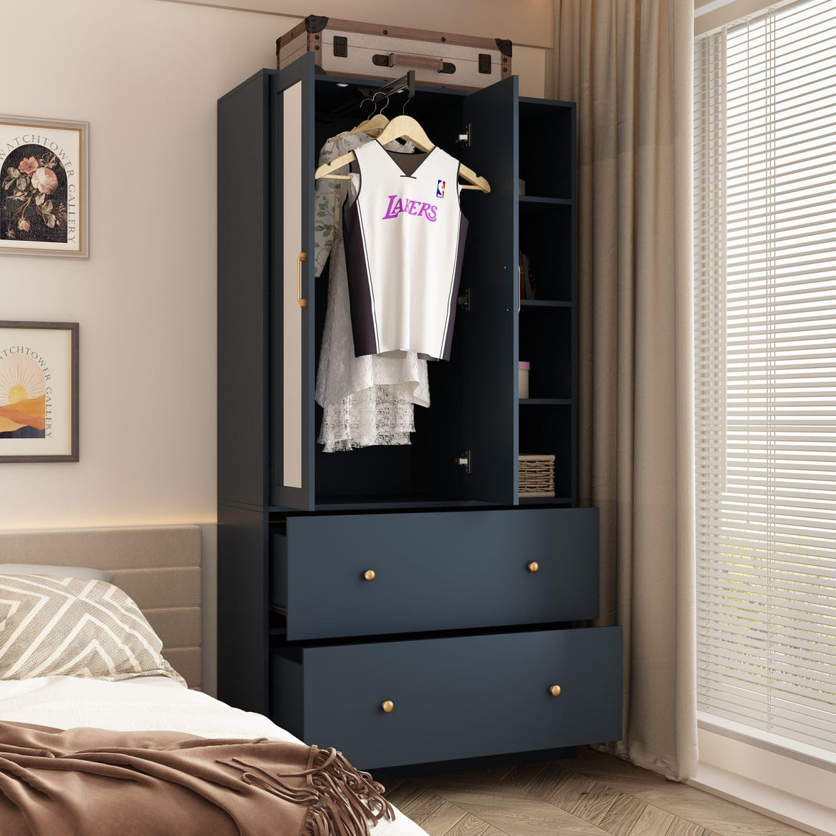 Modern Armoire Wardrobe with Mirror & Sliding Hanging Rod