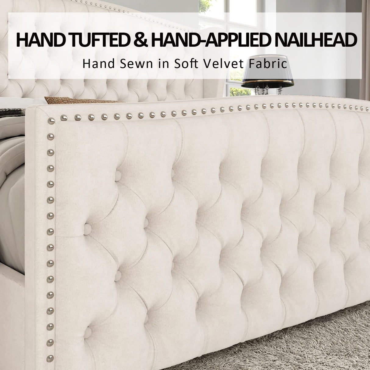Luxury Velvet Upholstered Platform Bed, Tufted Wingback Headboard