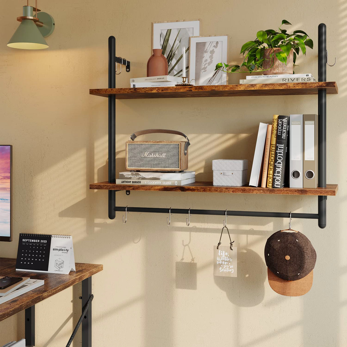 Pipe Shelf Industrial Floating Shelving Kitchen Wall-Mounted Shelf with Towel Bar Hooks