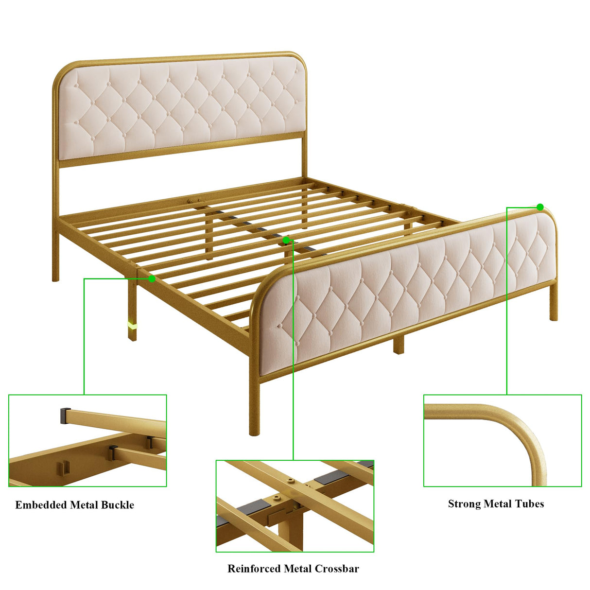 Full Size Bed Frame, Upholstered Bed Frame with Diamond Tufted Headboard
