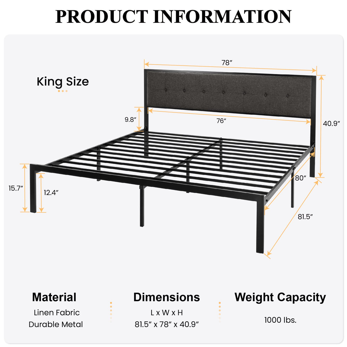 King Size Bed Frame with Upholstered Headboard, Platform Bed Frame with Metal Slats