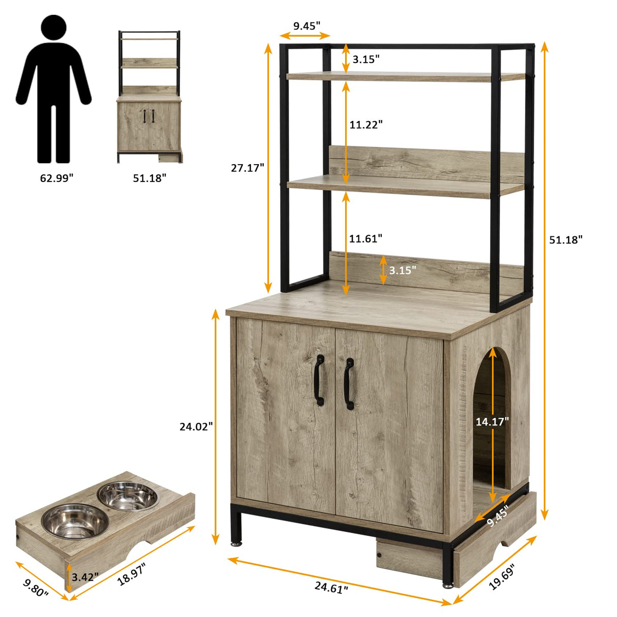 Litter Box Enclosure, Hidden Cat Litter Box Furniture with Elevated Cat Bowls