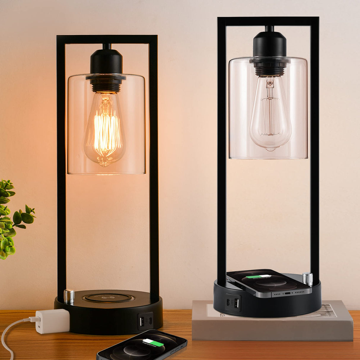 Set of 2 Wireless Charging Table Lamps with AC Outlet and 2 USB Ports
