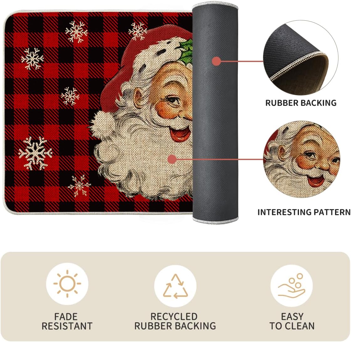Buffalo Plaid Snow Santa Claus Christmas Kitchen Rugs Set of 2