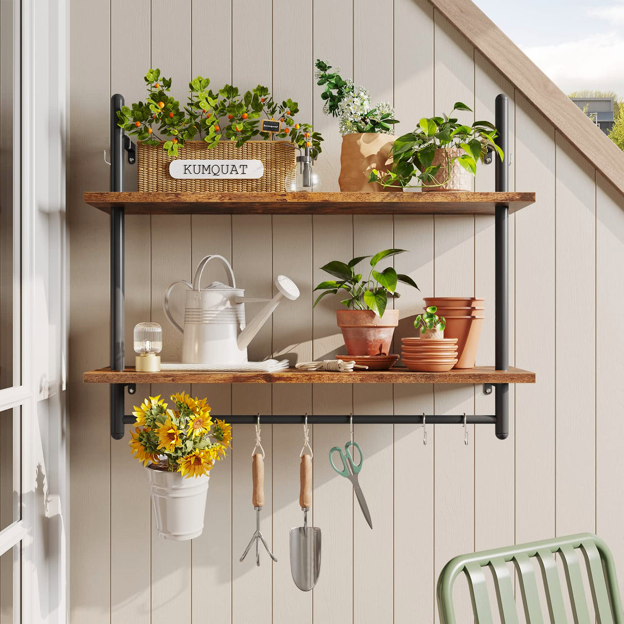 Pipe Shelf Industrial Floating Shelving Kitchen Wall-Mounted Shelf with Towel Bar Hooks