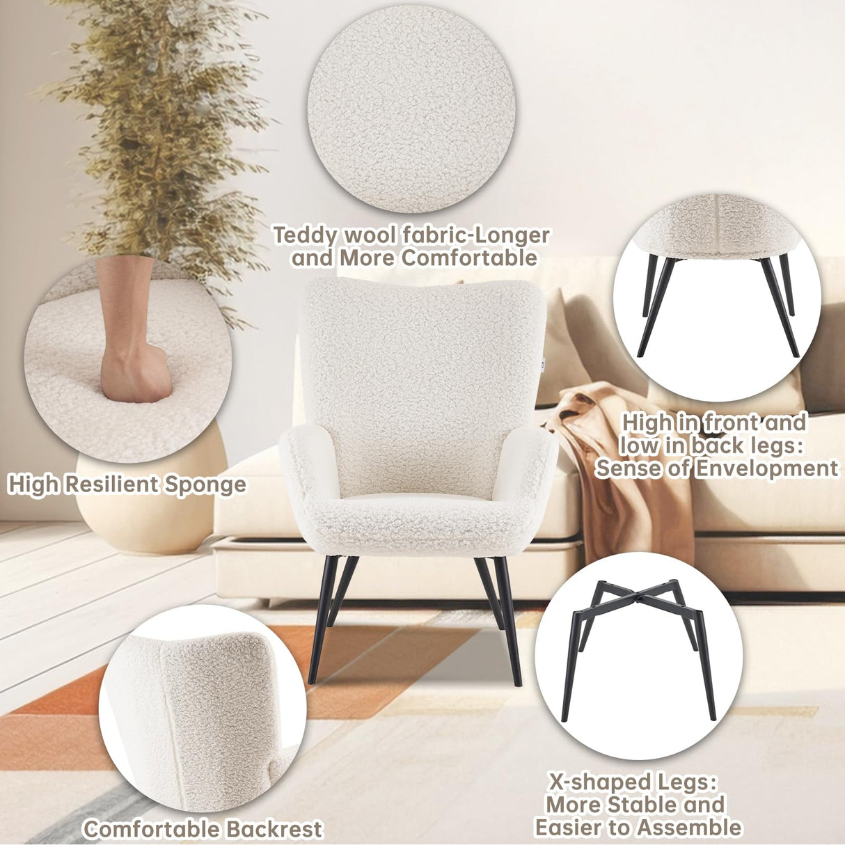 Boucle Fabric Accent Chair Sherpa Furry Upholstered Chair