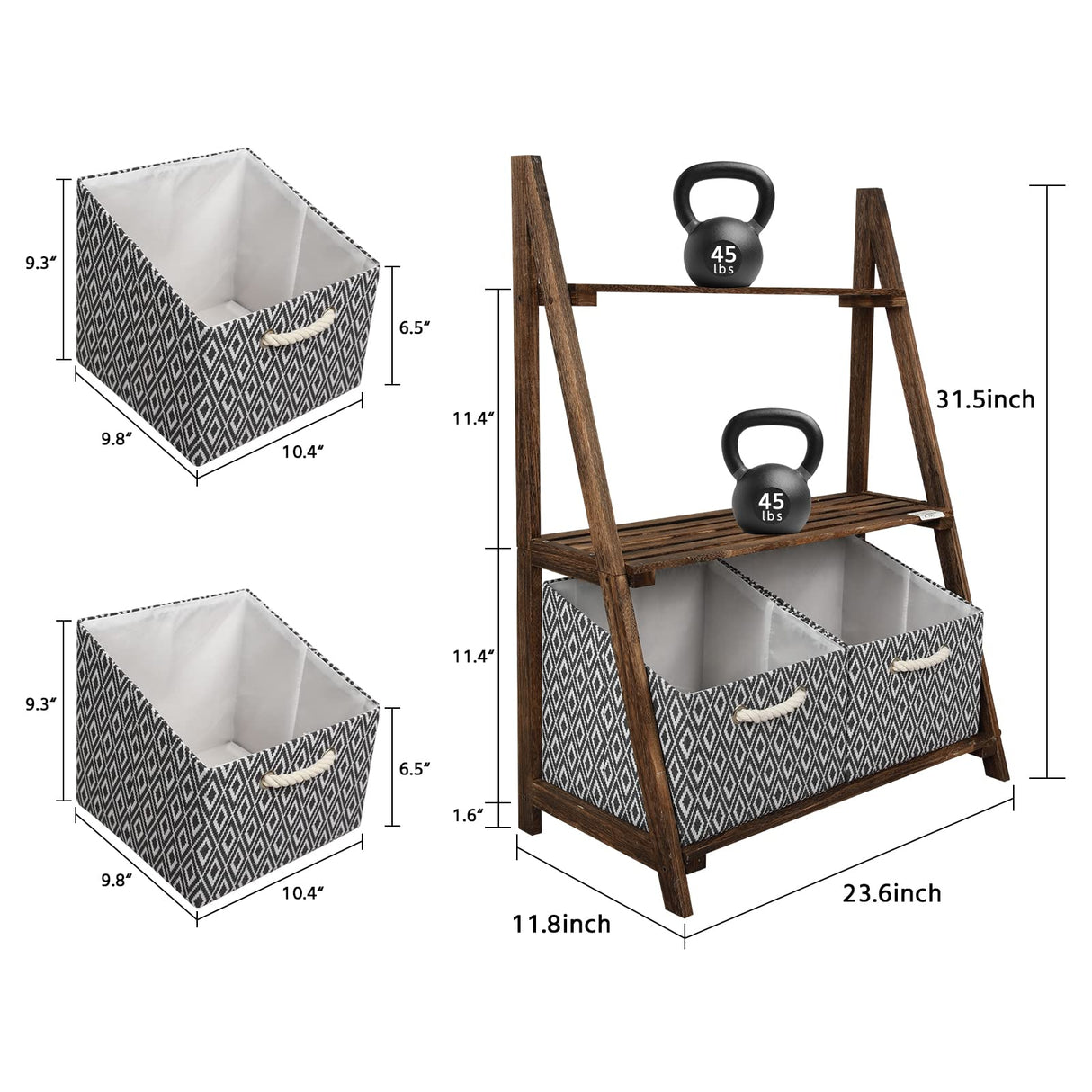 Rustic 3-Tier Wooden Ladder Shelf – Small Storage Stand with Baskets