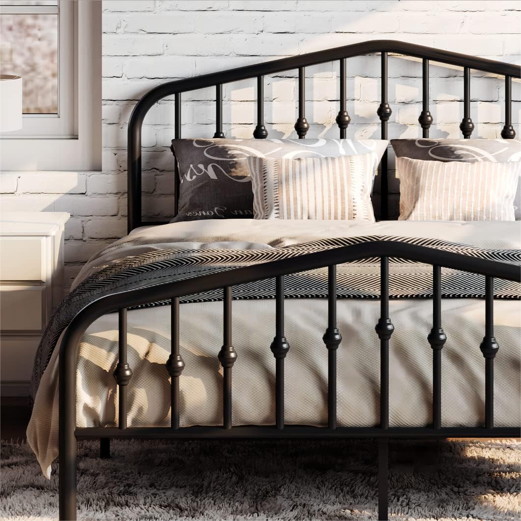 Full Size Metal Platform Bed Frame with Victorian Style Wrought Iron-Art