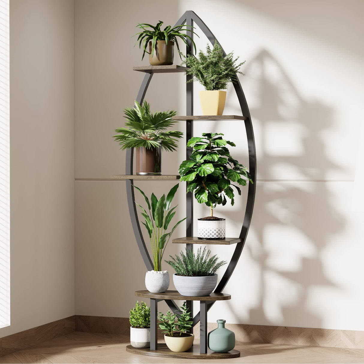 YOLENY 6-Tier Leaf-Shaped Plant Stand – White Metal & Wood Indoor Shelf