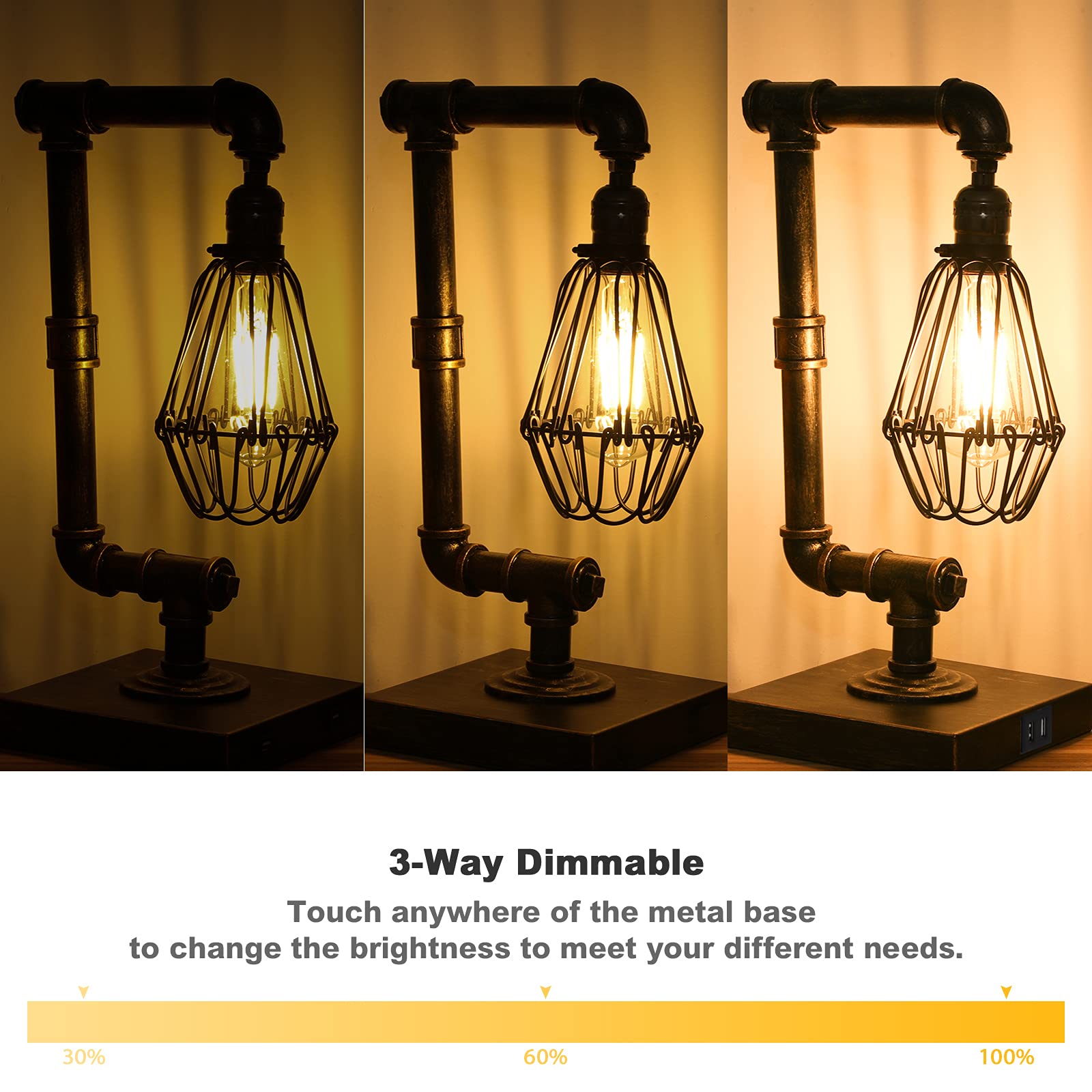 Steampunk Table Lamp, Industrial Desk Lamp with USB Ports