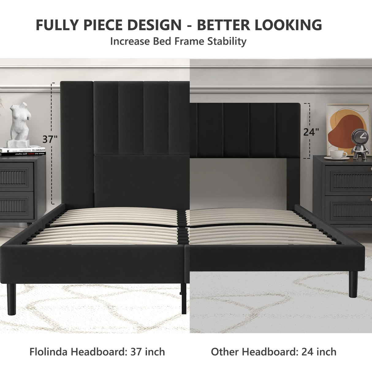 King Size Platform Bed Frame with Velvet Upholstered Headboard and Wooden
