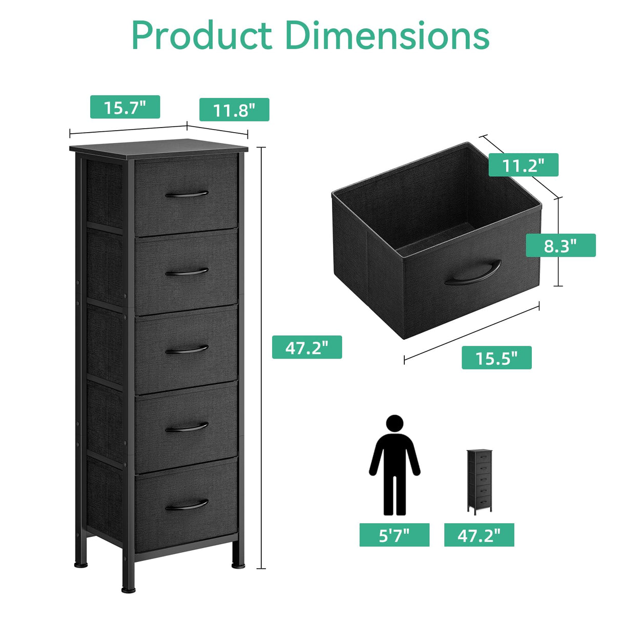 Dresser for Bedroom with 5 Storage Drawers, 48" Tall Dresser Chest of Drawers Fabric