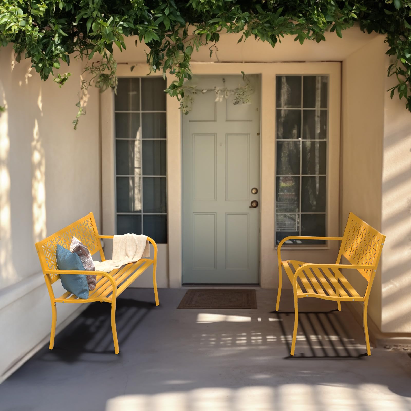 2-3 People Outdoor Bench Metal Waterproof with Beautiful Floral Back