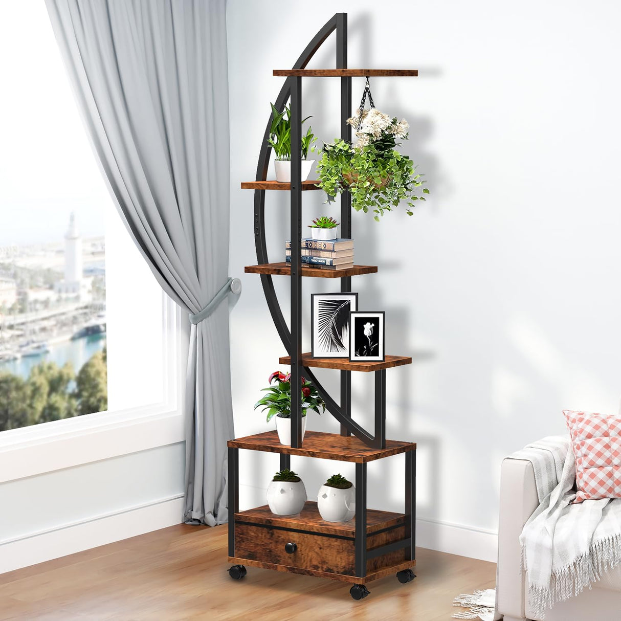 FRIZIONE 6-Tier Rustic Brown Metal Plant Stand – Multi-Layer Rolling Display Shelf