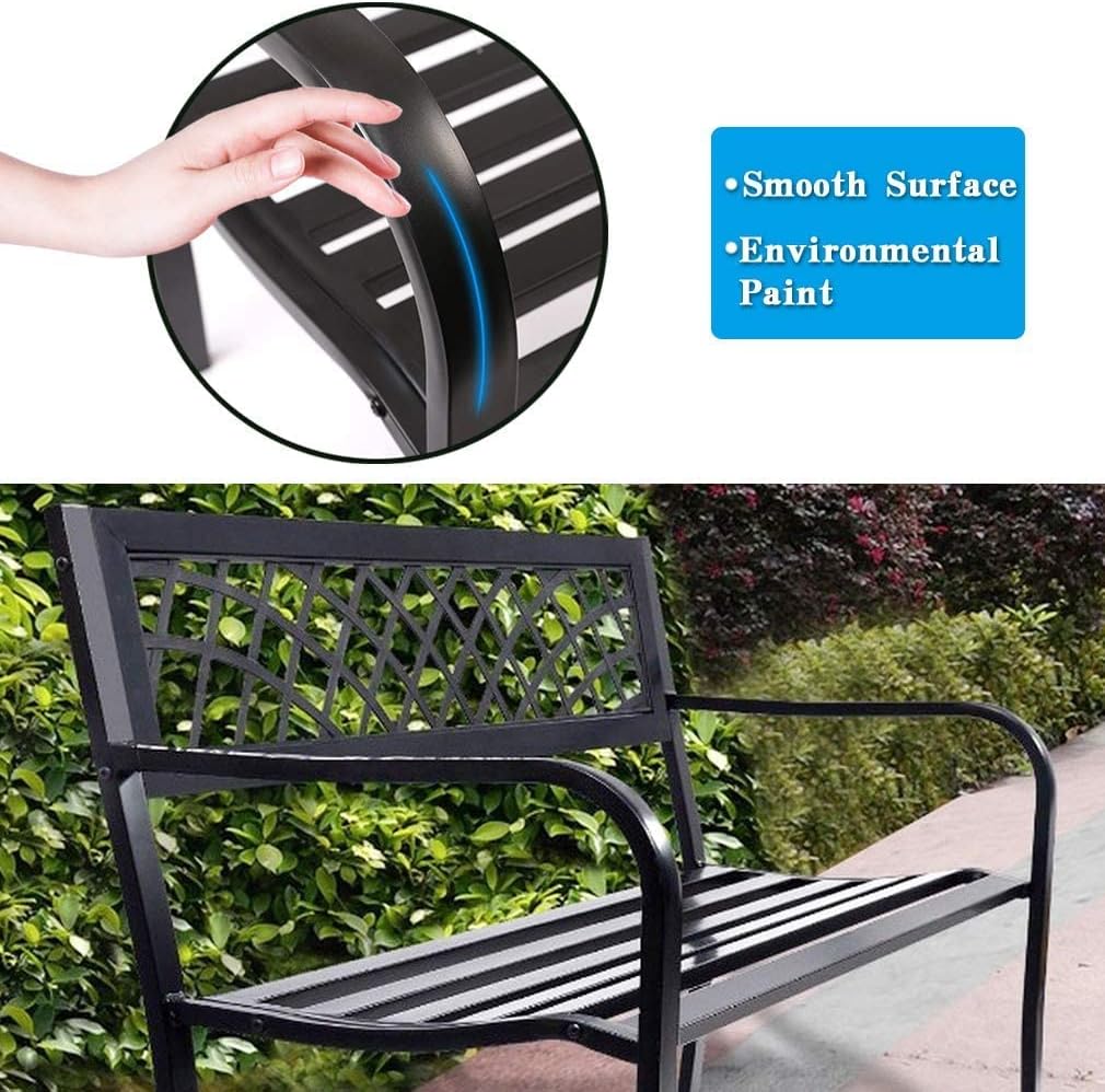 Patio Metal Park Bench with Armrests Sturdy Steel for Yard Porch Entryway