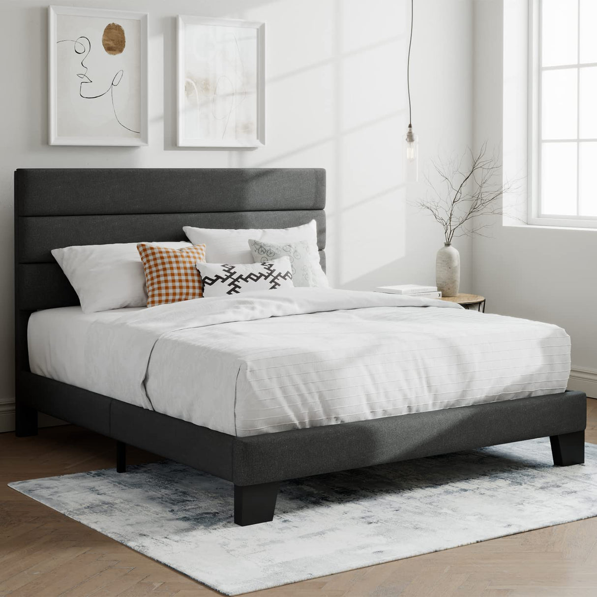King Platform Bed Frame with Upholstered Fabric Headboard, Mattress Foundation