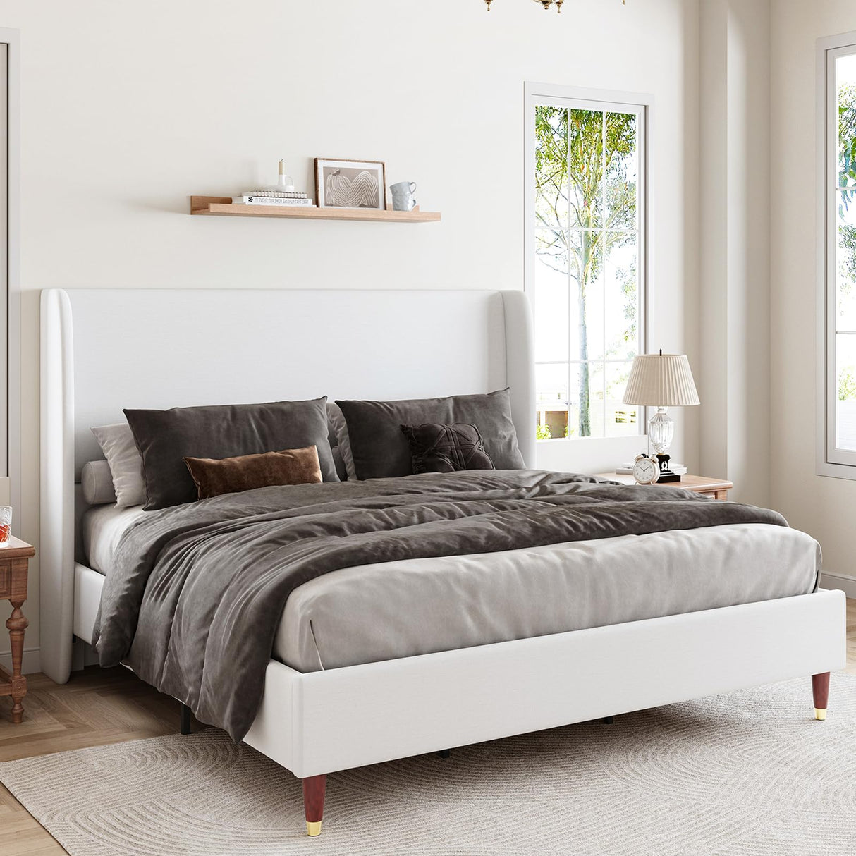 King Bed Frame Upholstered Bed with Wingback Headboard Platform Bed King Size