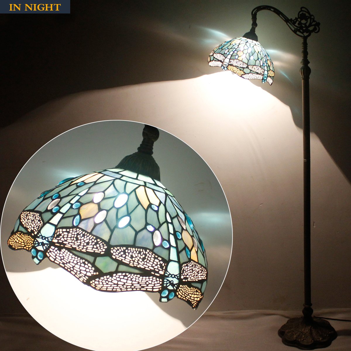 Tiffany Floor Lamp Sea Blue Stained Glass Dragonfly