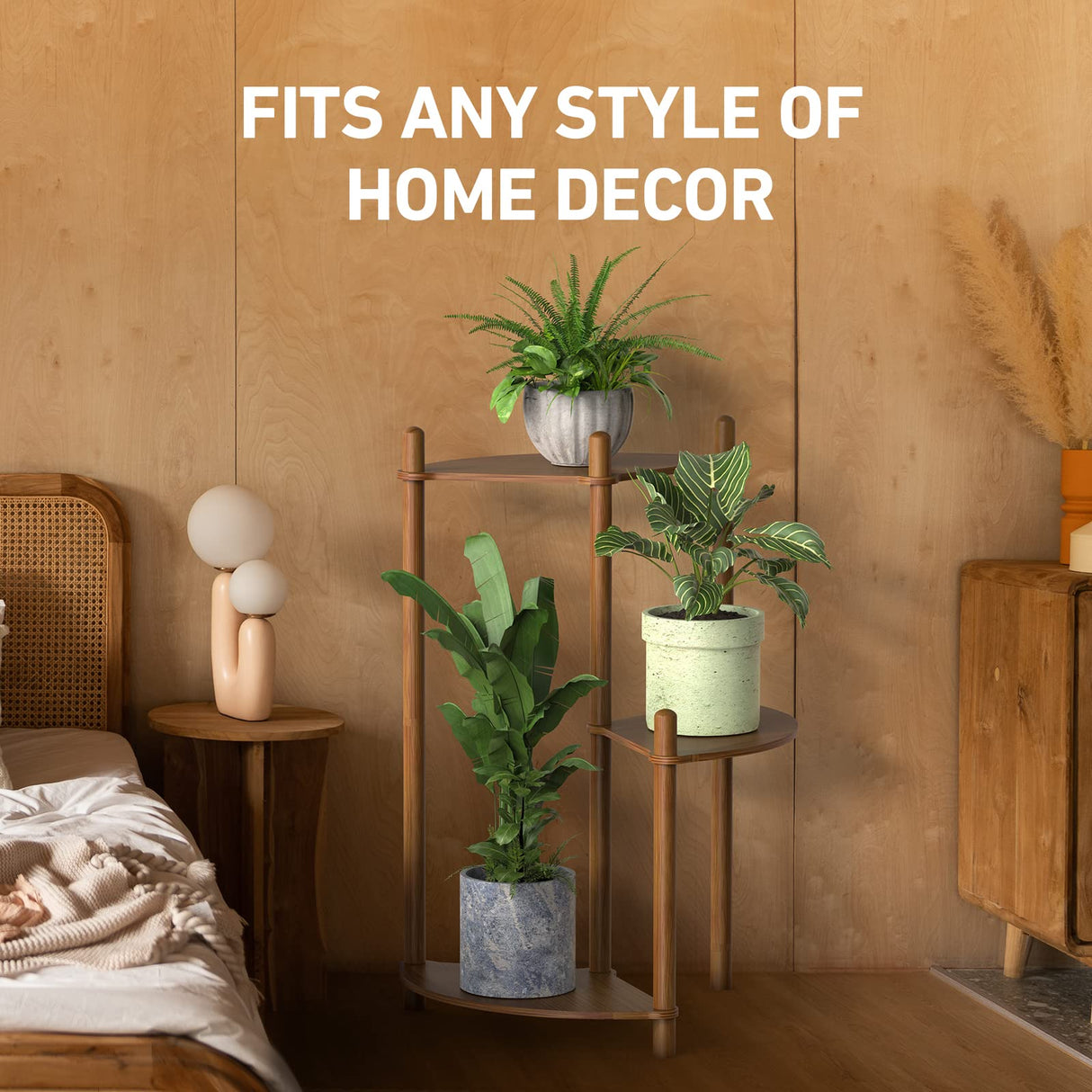 Enisudo 3-Tier Bamboo Plant Stand, Natural Rattan & Walnut Finish