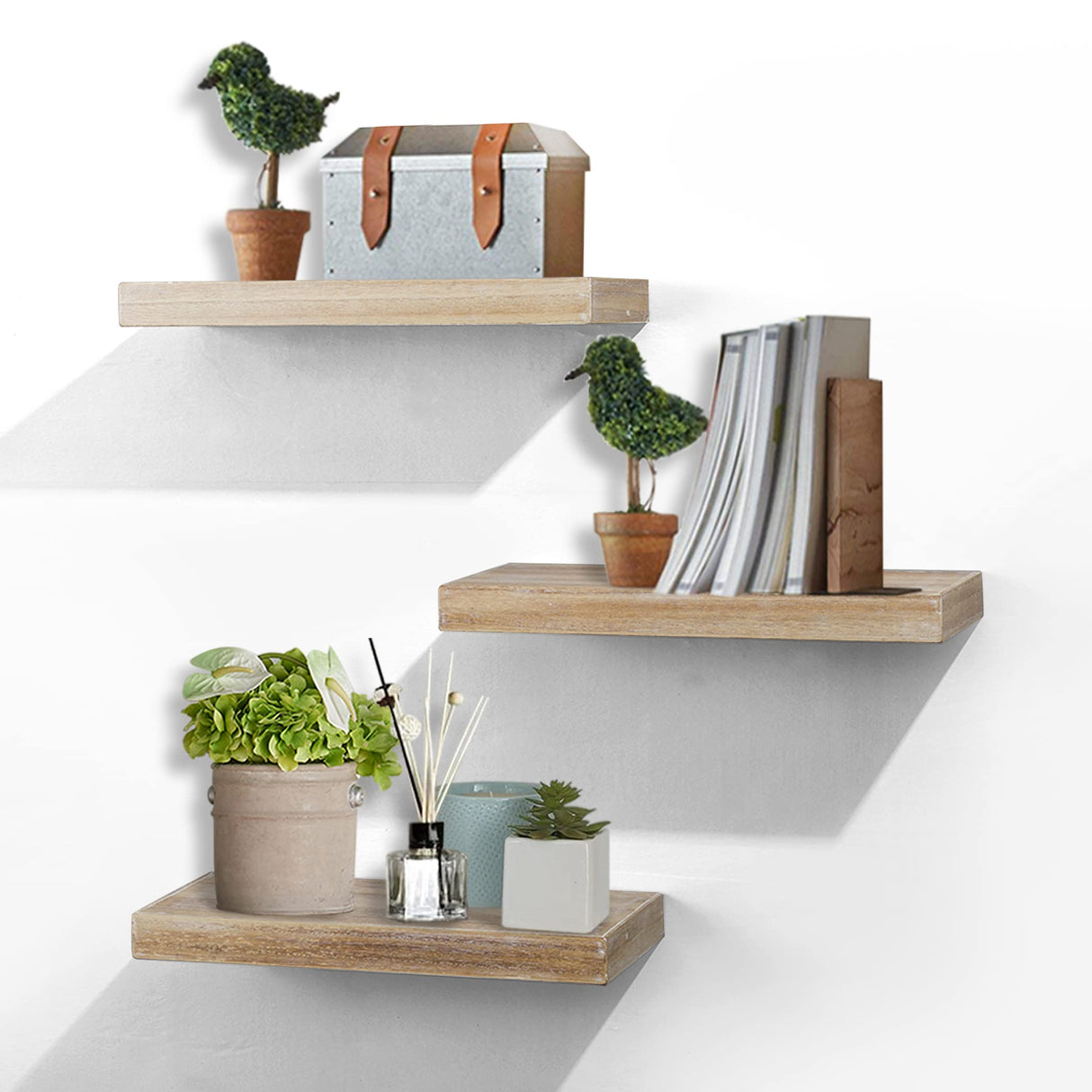 Floating Shelves, Wall Mounted Set of 3 Rustic Wooden Ledge Shelves Decorative