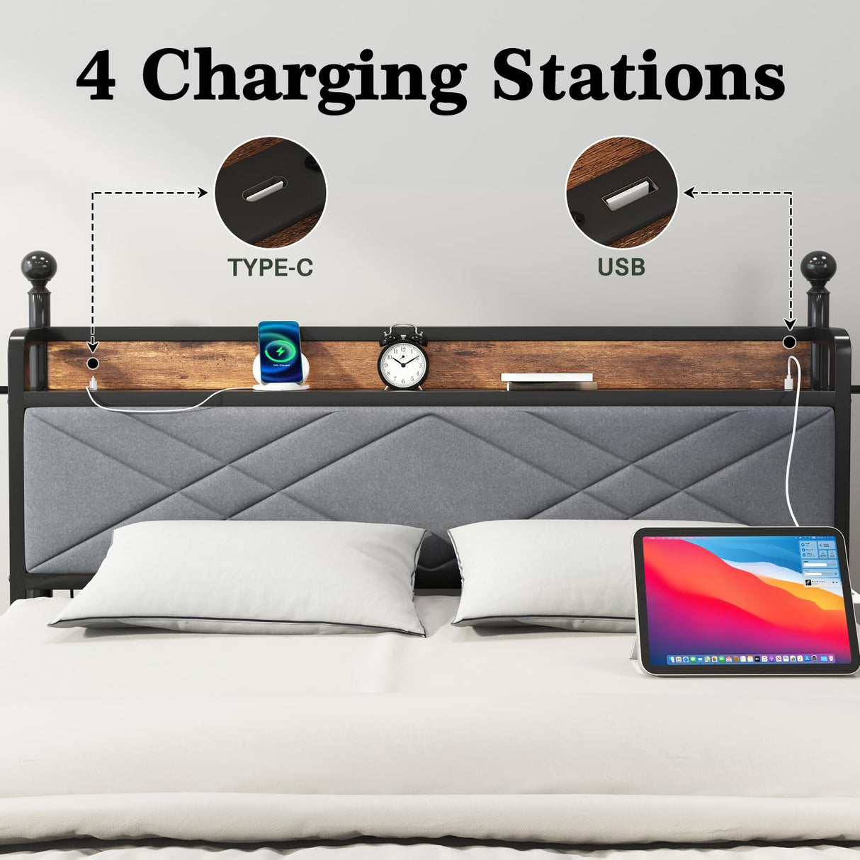 Canopy Bed Frames Full Size Metal Platform with Charging Station, Headboard and Footboard