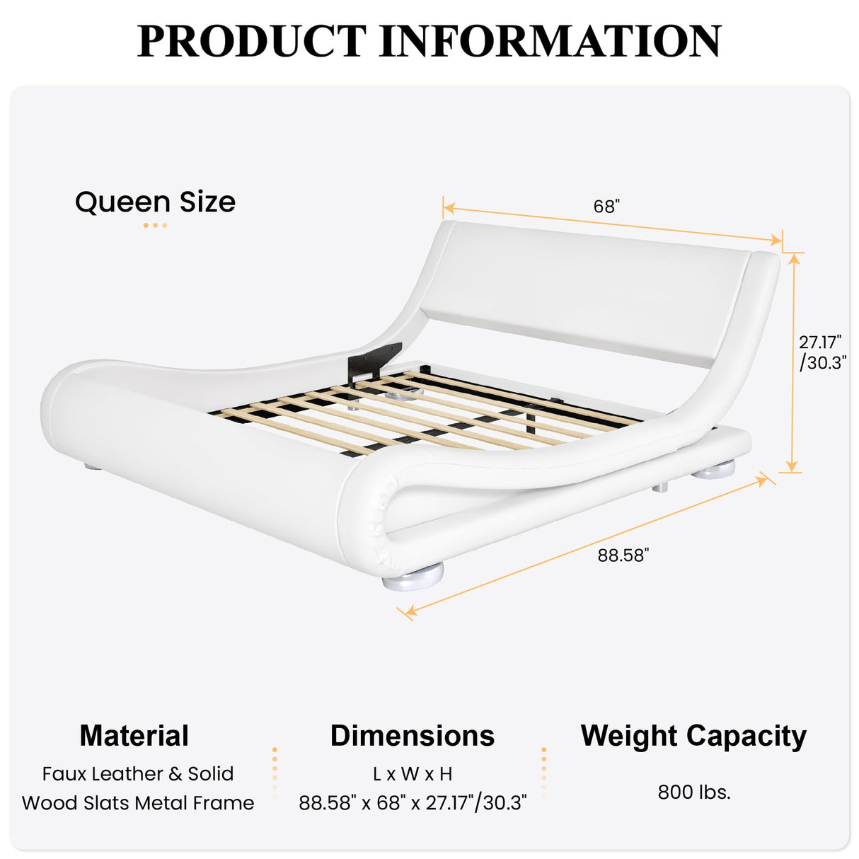 Queen Size Upholstered Bed Frame, Deluxe Low Profile Sleigh Bed with Faux Leather