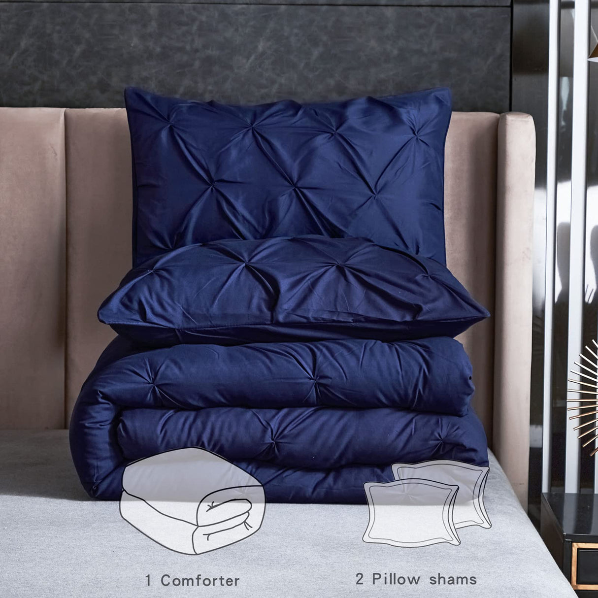 Pinch Pleated Navy Comforter Set Queen Size Bed, 3 Piece Pintuck Bedding Sets