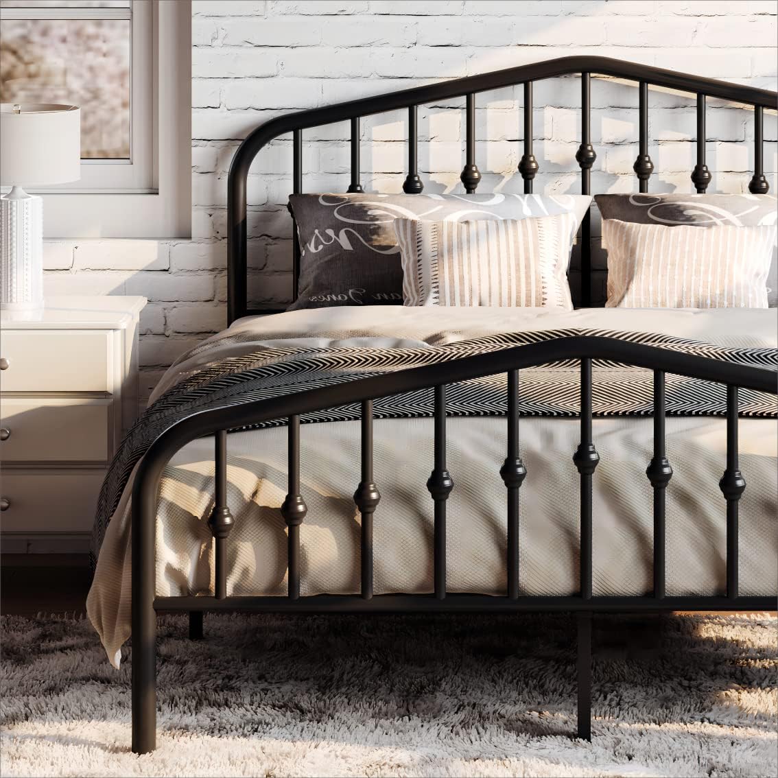 Queen Size Metal Platform Bed Frame with Victorian Style Wrought Iron