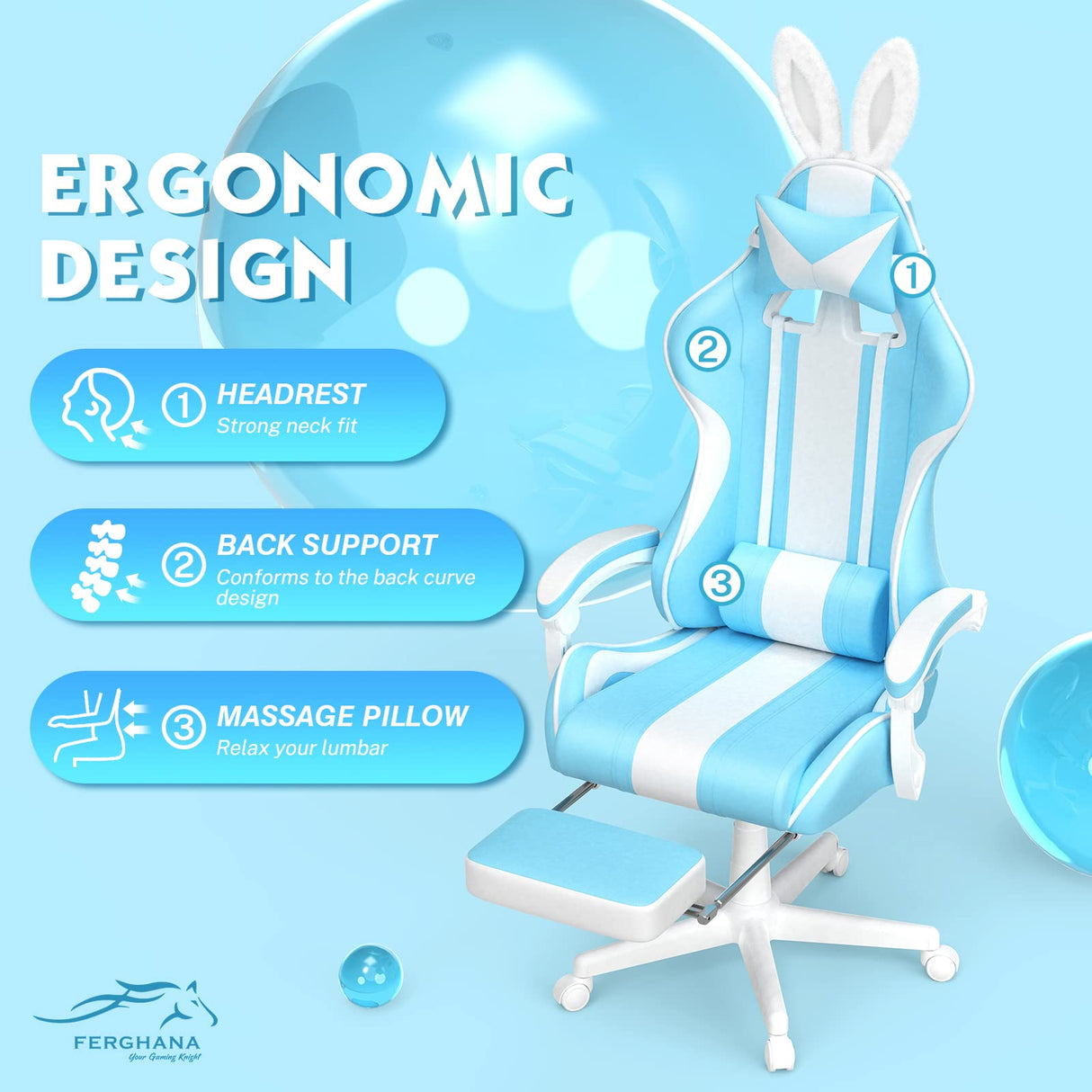 Light Blue Gaming Chair with Bunny Ear, Cute Massage Gaming Chairs for Adults & Teens
