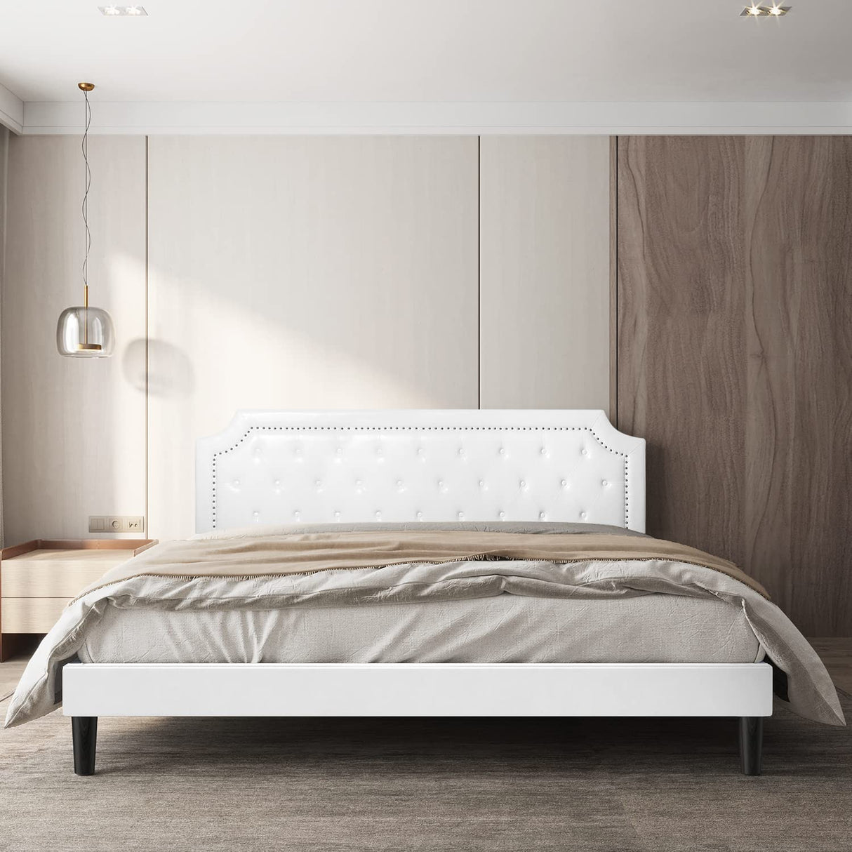 Bed Frame Upholstered Low Profile Platform Bed with Tufted Faux Leather Headboard/No