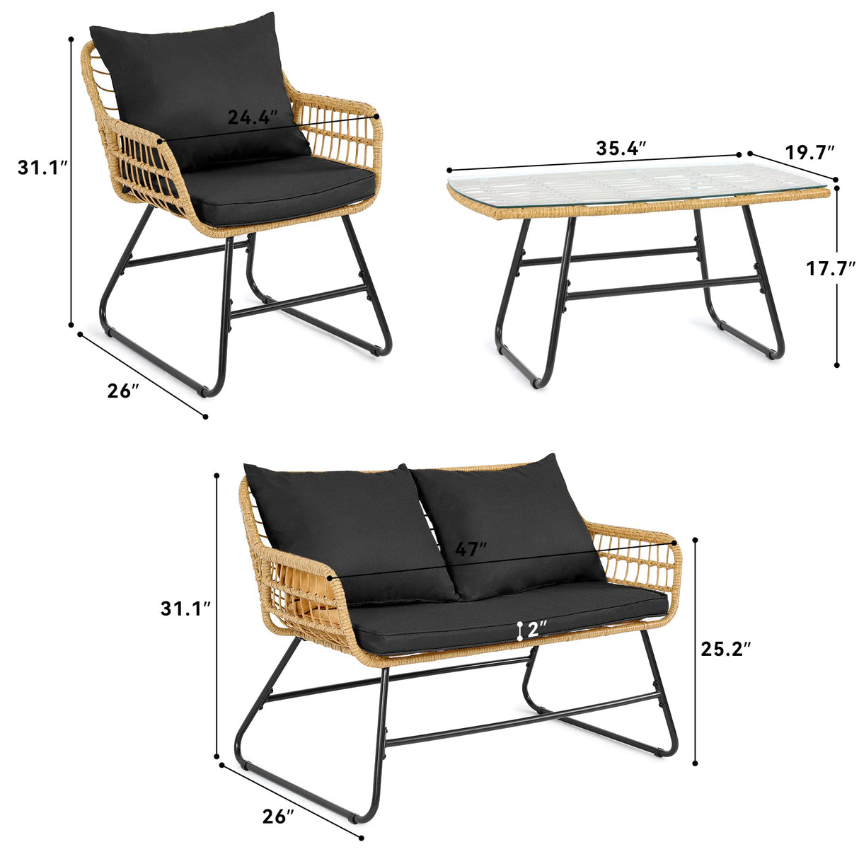 4-Piece Patio Furniture Wicker Outdoor Bistro Set