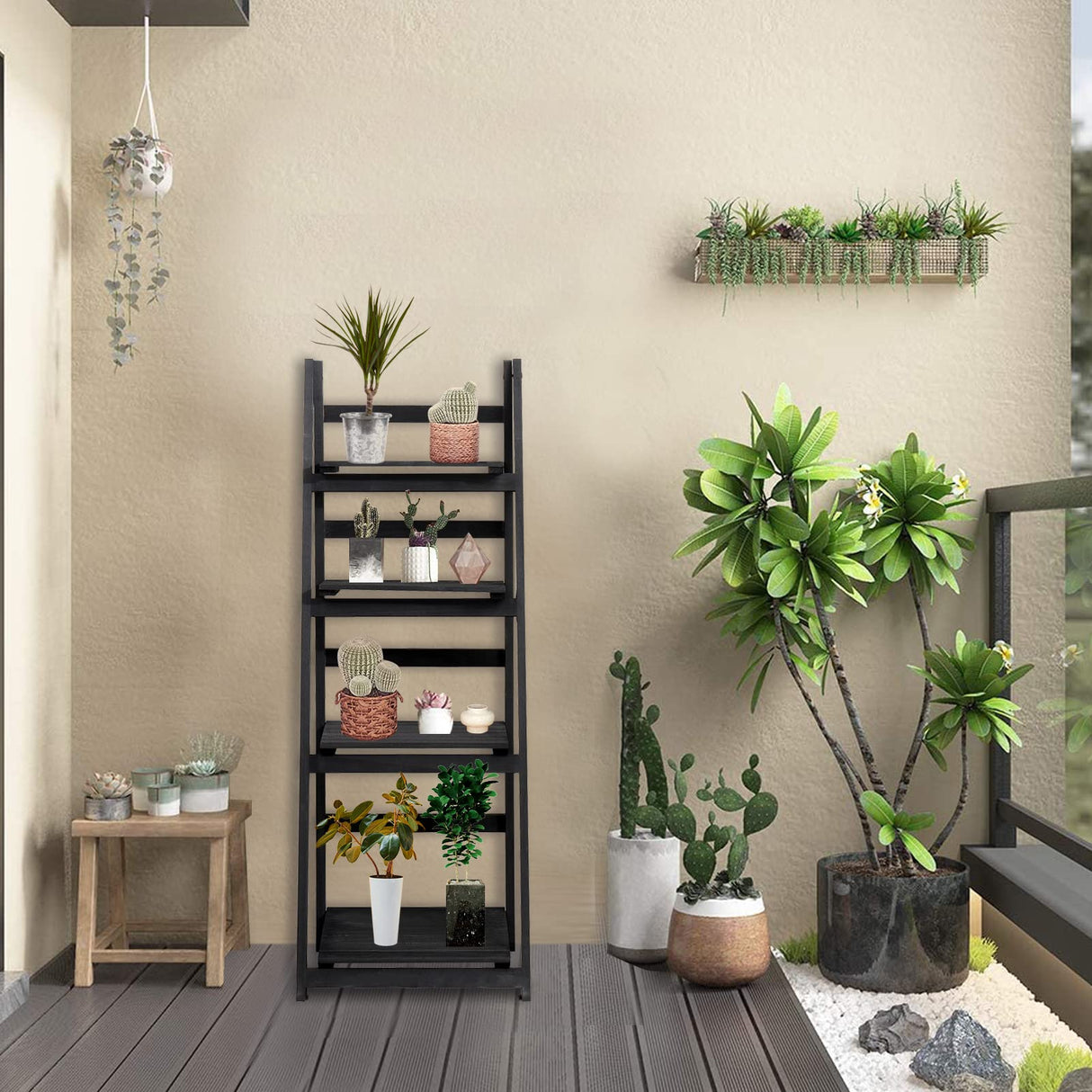 Babion 4-Tier Ladder Bookshelf – Black Wooden Storage Rack