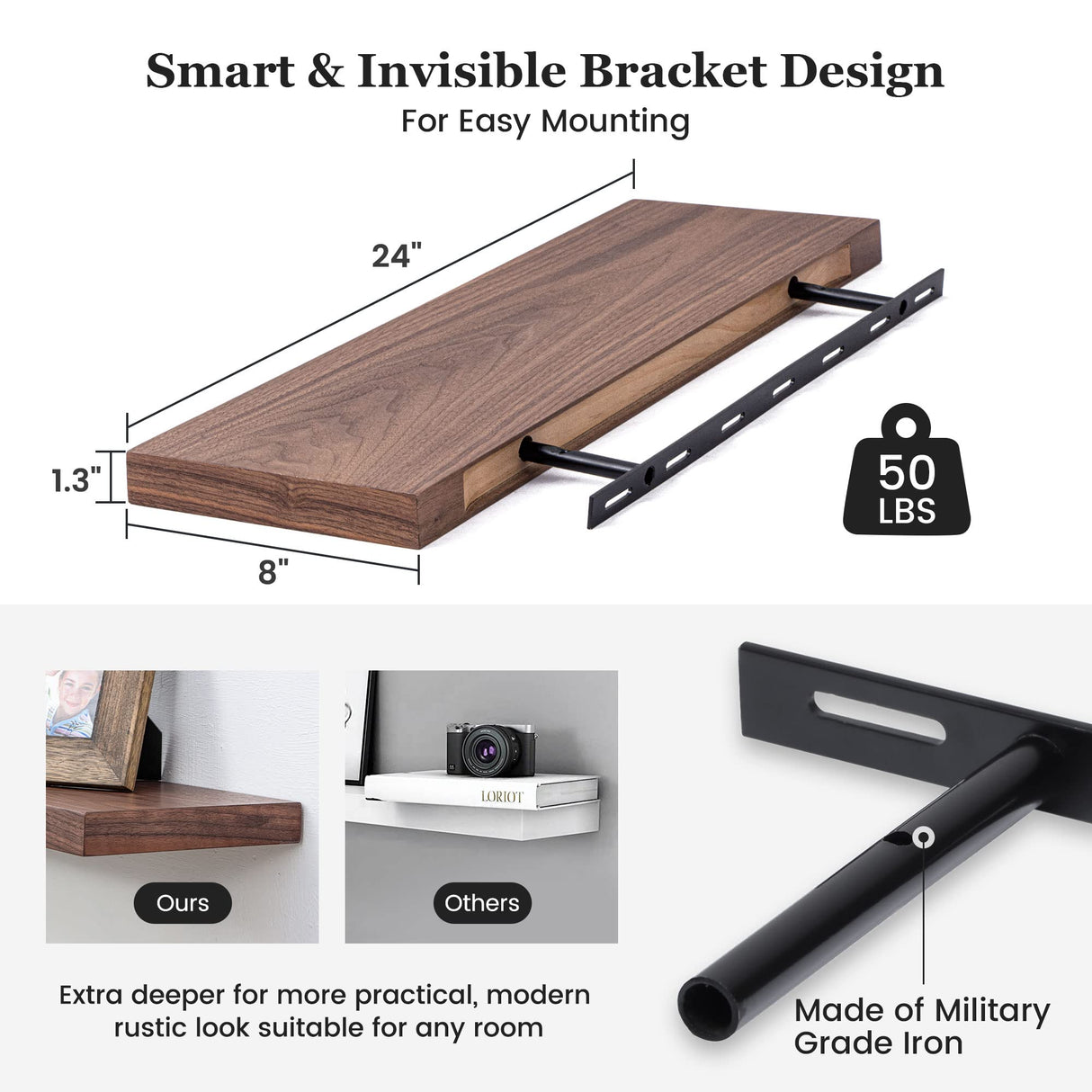 Floating Shelves 24 Inch, 8'' Deep Rustic Wood Wall Shelves Set of 2, Storage Shelves Wall