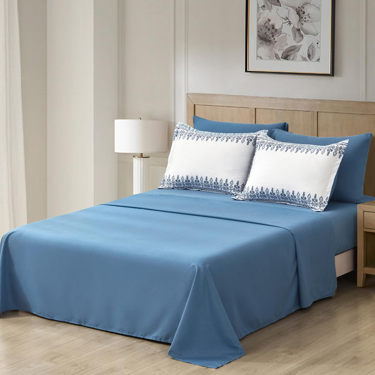 8 Pieces Blue Floral White Tufted Bedding Bed in a Bag Sets