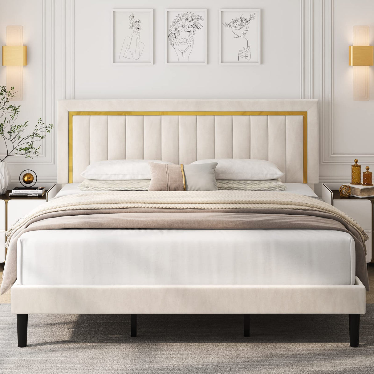 King Size Bed Frame with Adjustable Tufted Headboard, Velvet Upholstered Platform Bed