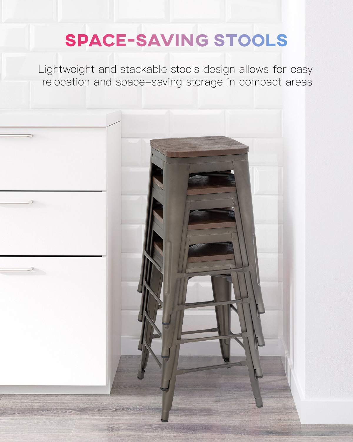 24 Inches Metal Bar Stools Set of 4 Counter Height Wood Seat Barstool Patio Stool