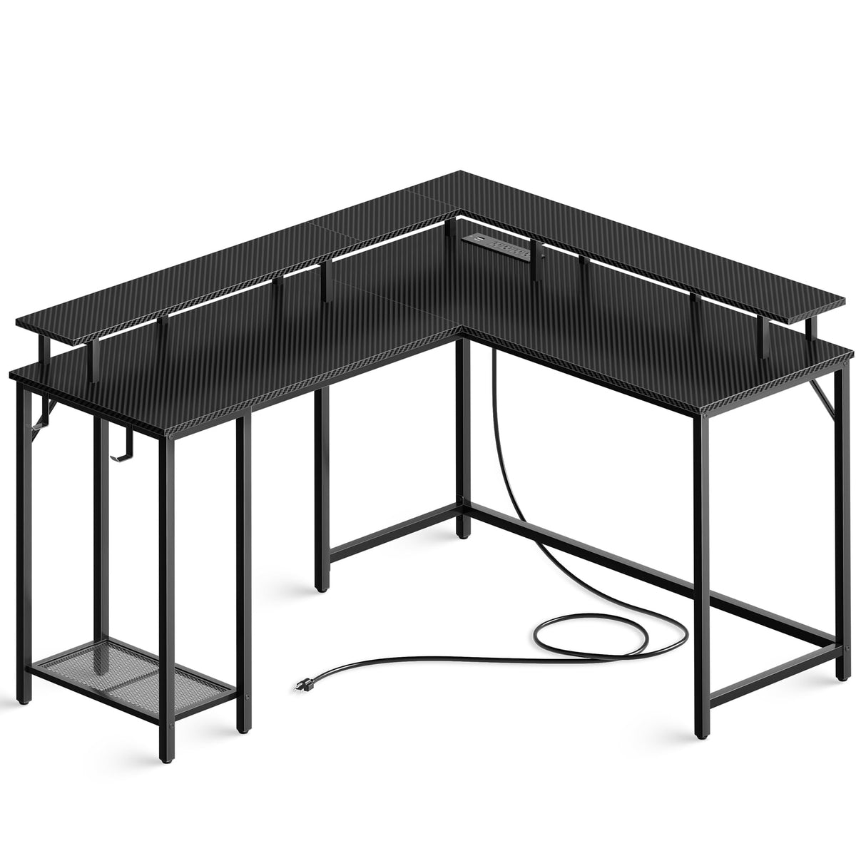 L Shaped Gaming Desk with Power Outlets & LED Lights, Computer Desk