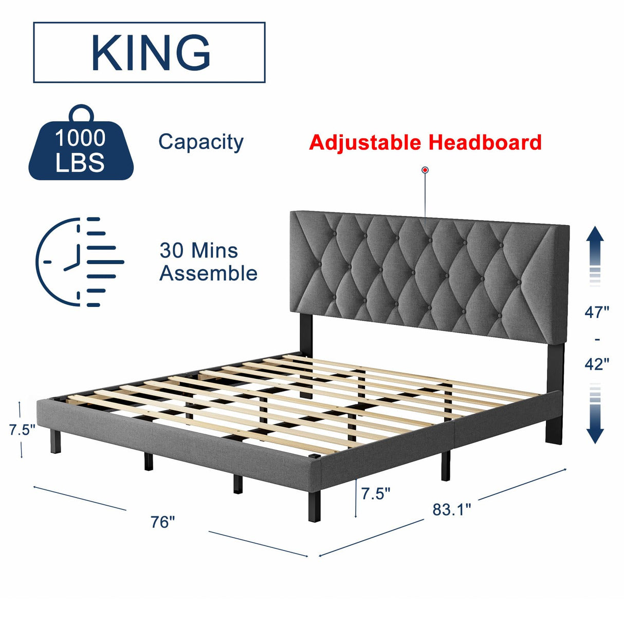 King Size Bed Frame with Adjustable Headboard, Linen Fabric Wrap, Strong Frame