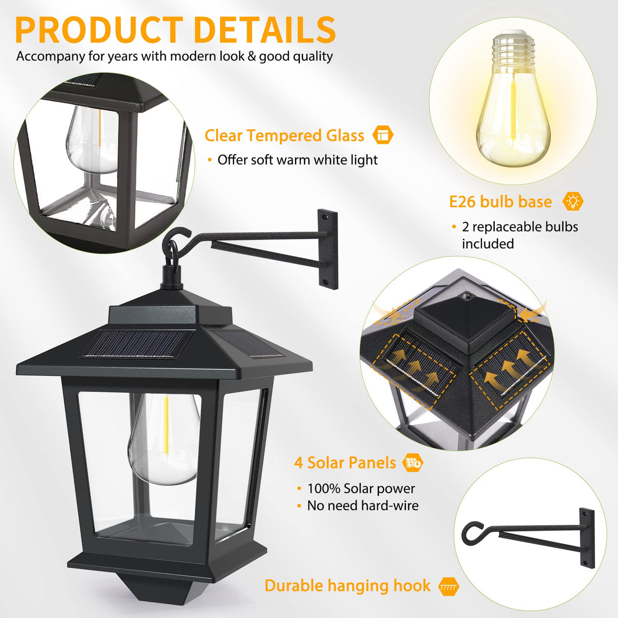 2 Pack Solar Wall with Replaceable Bulb, Outdoor Hanging Solar Lights