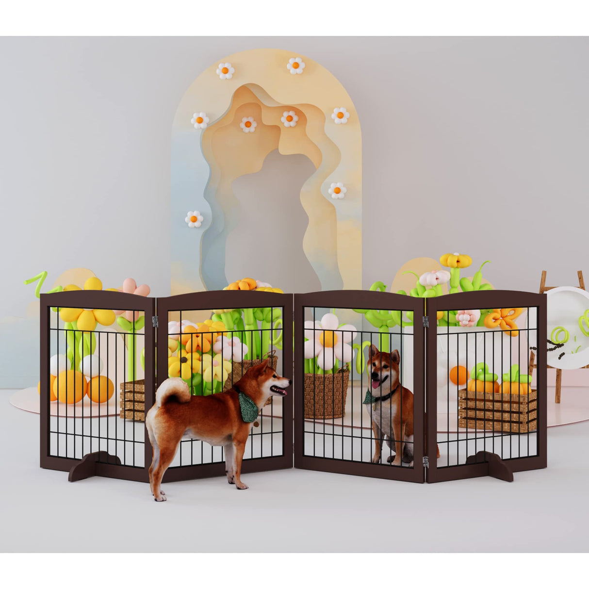 No-Assembly Folding 96" Extra Wide 30" Tall Wooden Dog Gate, Freestanding