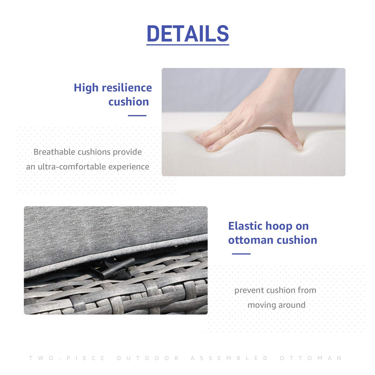 2 Pieces Assembled Ottoman, Indoor All-Weather Grey Wicker Rattan