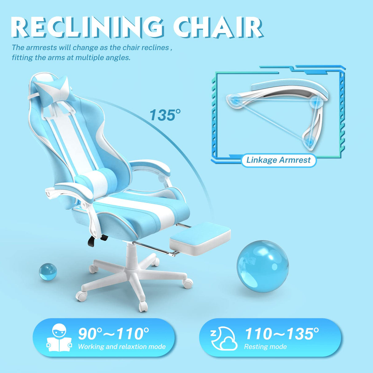 Light Blue Gaming Chair with Bunny Ear, Cute Massage Gaming Chairs for Adults & Teens