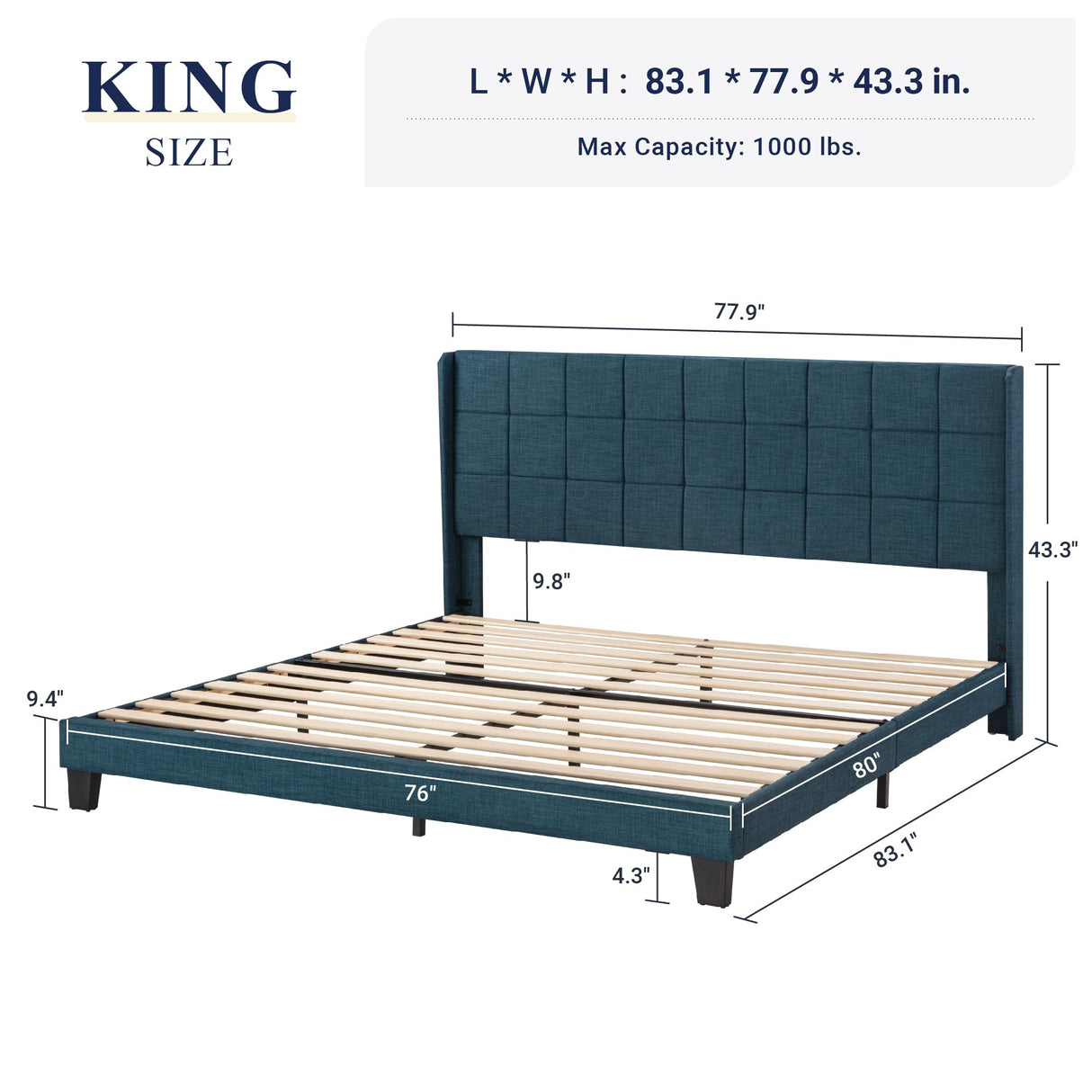 King Size Platform Bed Frame with Wingback, Upholstered Square Stitched Headboard