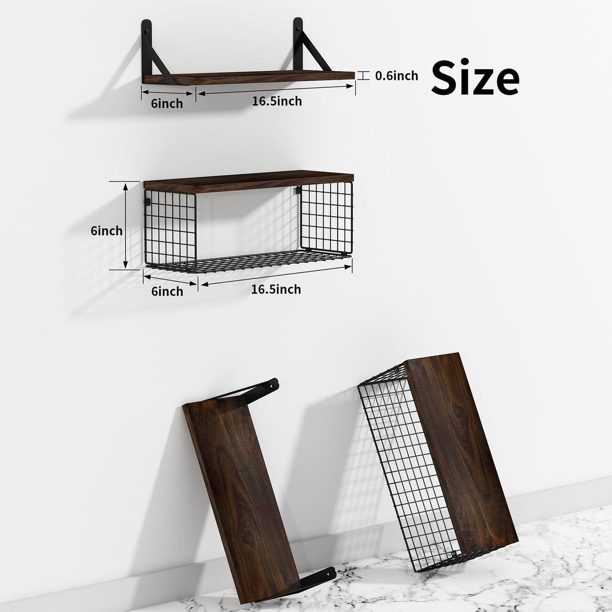 Wall Floating Shelves, Wall Mounted Shelf Set of 4, with Metal Baskets, Rustic DƩcor Style