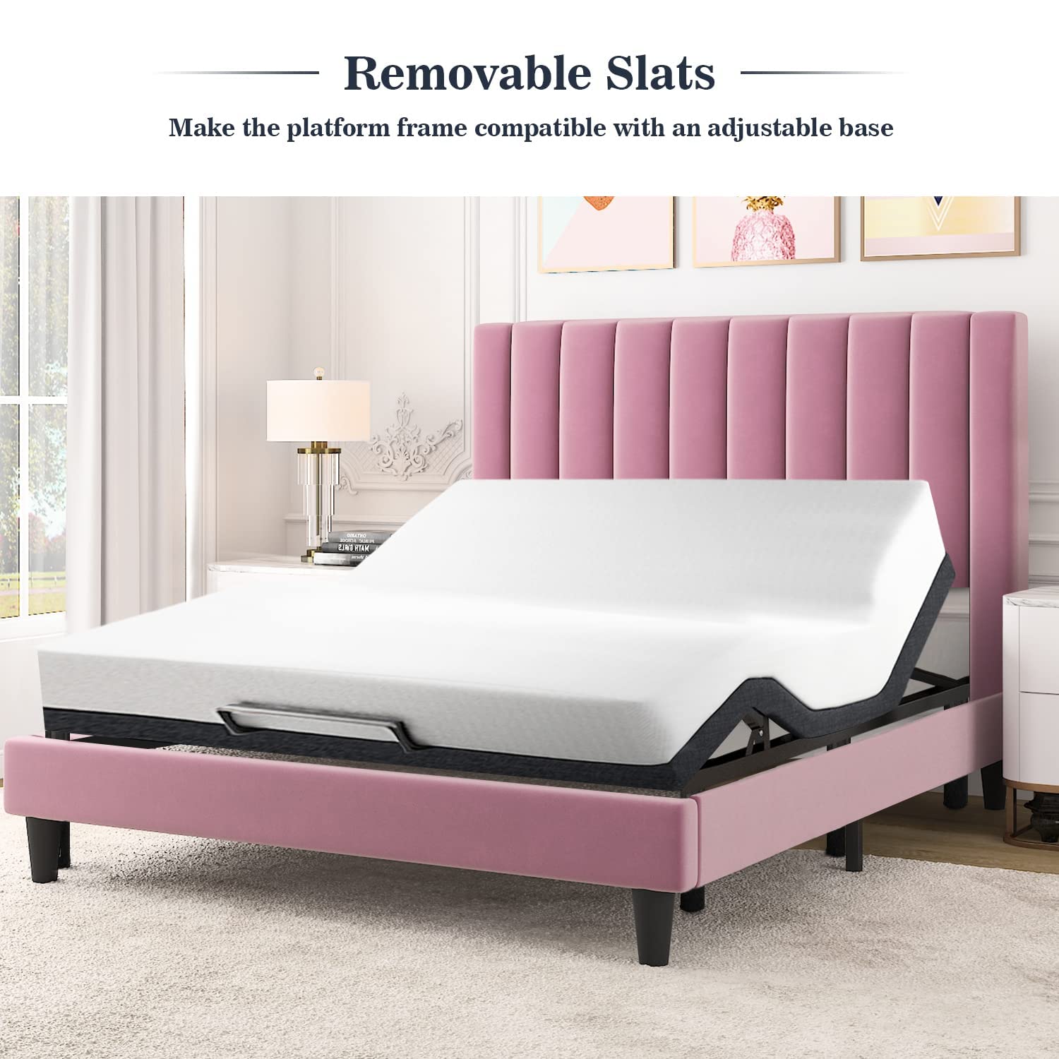 Full Bed Frame/Velvet Upholstered Bed Frame with Vertical Channel
